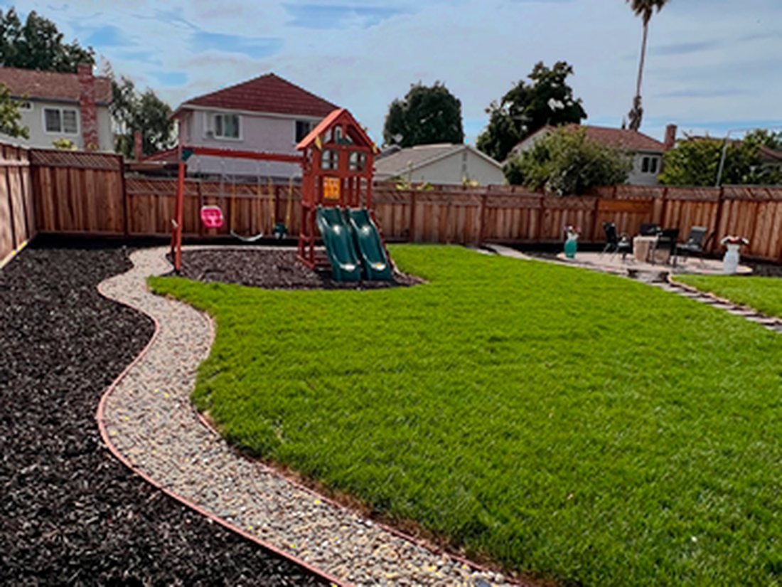 Curved stone path through a fresh lawn